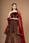 Wine Zarkan, Zari Threadwork Embroidery & Sequence Net/Velvet Lehenga Set With Unstitched Blouse