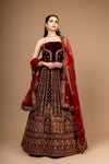 Wine Zarkan, Zari Threadwork Embroidery & Sequence Net/Velvet Lehenga Set With Unstitched Blouse