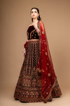 Wine Zarkan, Zari Threadwork Embroidery & Sequence Net/Velvet Lehenga Set With Unstitched Blouse