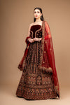 Wine Zarkan, Zari Threadwork Embroidery & Sequence Net/Velvet Lehenga Set With Unstitched Blouse