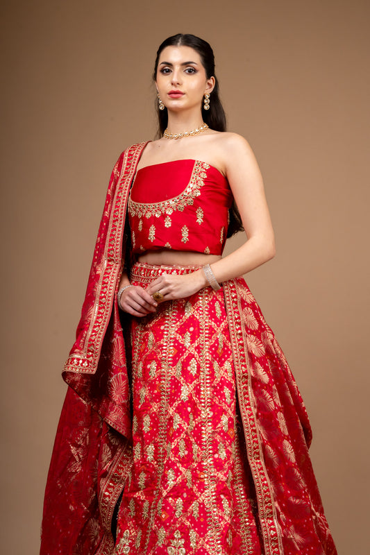 Rani Banarasi Woven, Zari Threadwork, Embroidery & Gotta, Sequence Raw Silk Lehenga Set With Unstitched Blouse