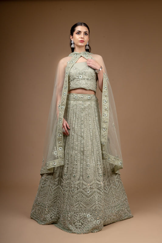 Olive Zari Threadwork, Embroidered, Sequence Net Lehenga Set With Unstitched Blouse