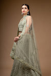 Olive Zari Threadwork, Embroidered, Sequence Net Lehenga Set With Unstitched Blouse