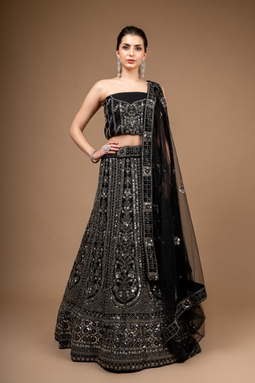 Black Net Lehenga Set And Net Dupatta With Unstitched Blouse