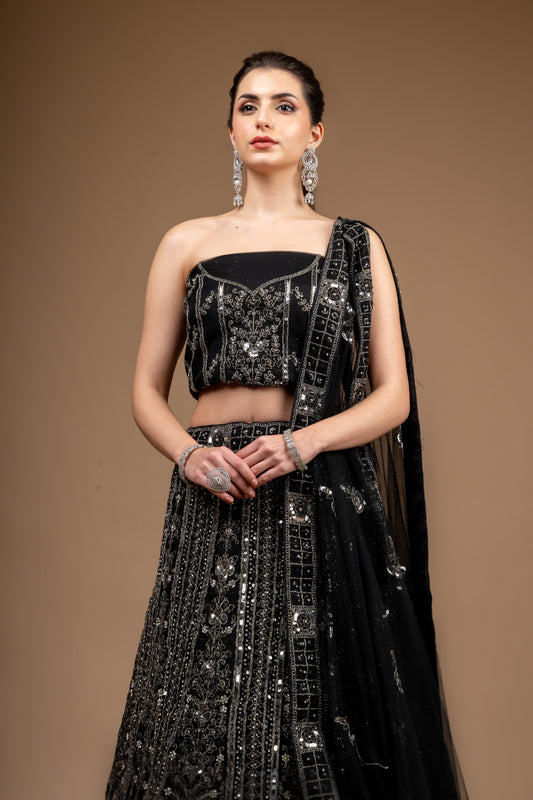 Black Net Lehenga Set And Net Dupatta With Unstitched Blouse