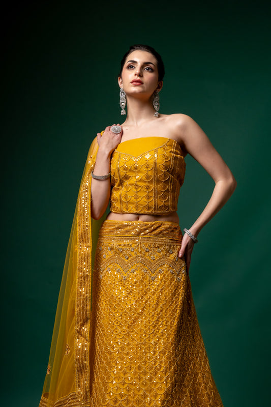 Mustard Zari Threadwork Embroidery & Sequence Net Lehenga Set With Unstitched Blouse