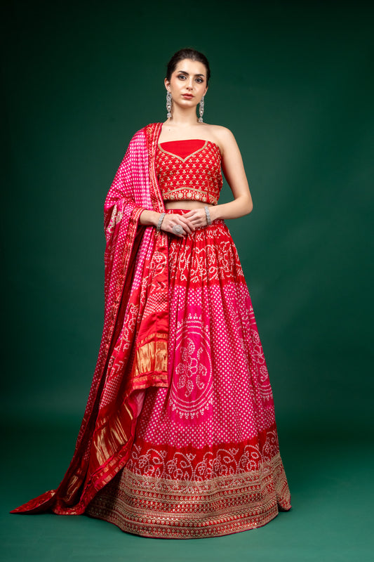 Rani Bandhini Print, Zari Threadwork & Sequence Gajji Silk Lehenga Set With Unstitched Blouse