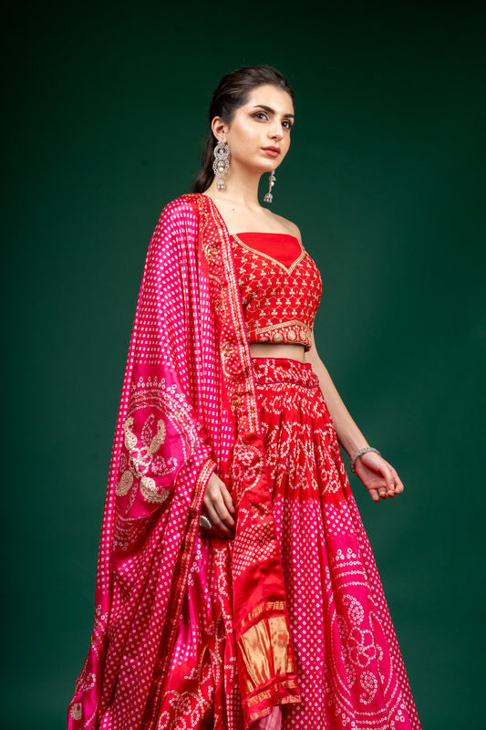 Rani Bandhini Print, Zari Threadwork & Sequence Gajji Silk Lehenga Set With Unstitched Blouse