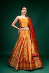 Mustard Banarasi Woven Zari Dolna Lehenga Set With Unstitched Blouse