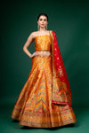 Mustard Banarasi Woven Zari Dolna Lehenga Set With Unstitched Blouse