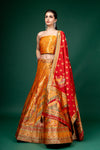 Mustard Banarasi Woven Zari Dolna Lehenga Set With Unstitched Blouse