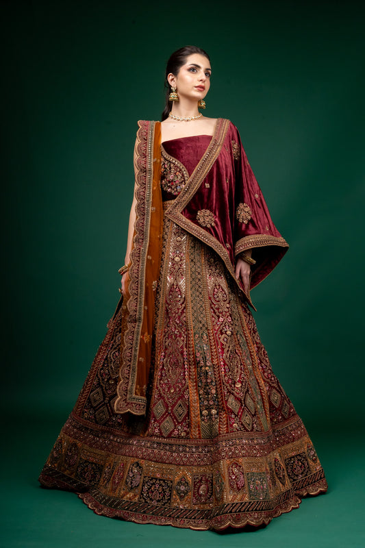 Maroon Zari Threadwork, Embroidery & Sequence Velvet Lehenga Set With Unstitched Blouse