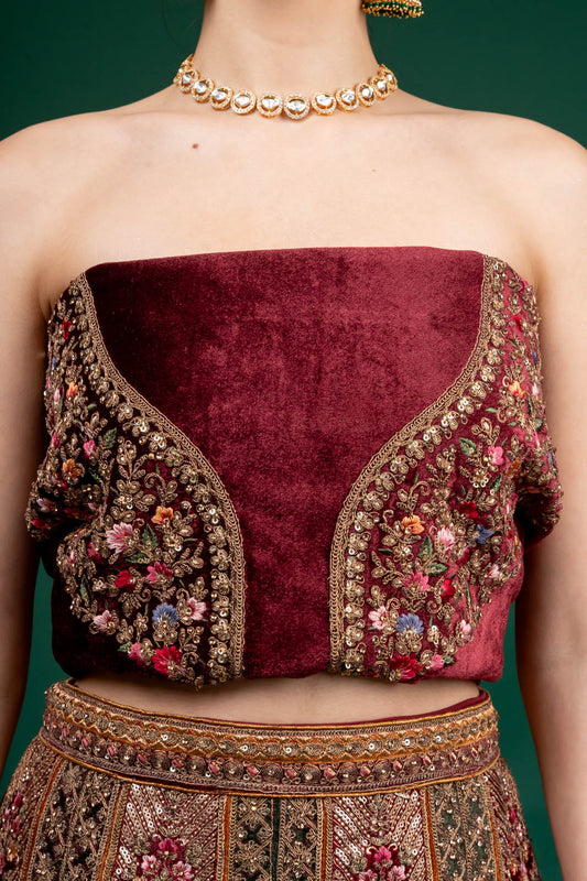 Maroon Zari Threadwork, Embroidery & Sequence Velvet Lehenga Set With Unstitched Blouse