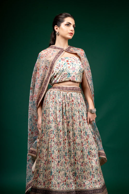 Off White Digital Printed Dolna Lehenga Set And Dolna Dupatta With Unstitched Blouse