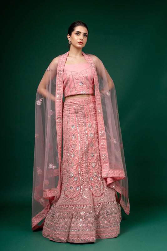 Peach Net Lehenga Set And Net Dupatta With Unstitched Blouse
