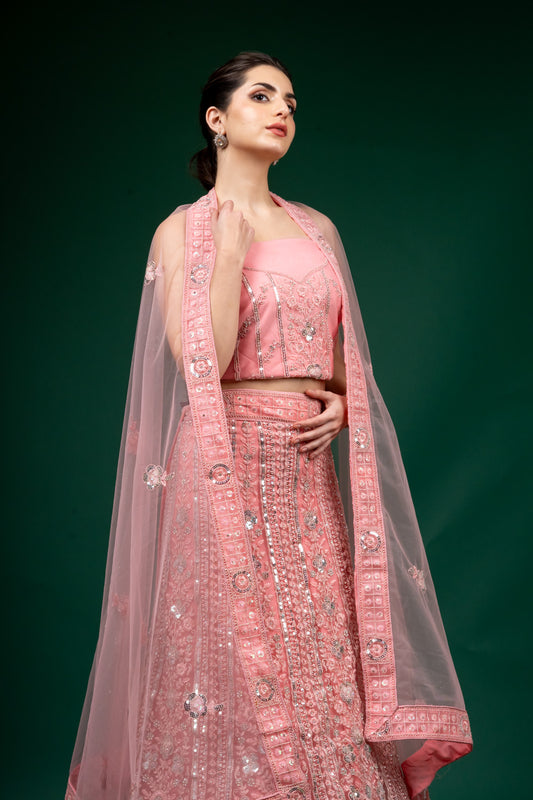 Peach Net Lehenga Set And Net Dupatta With Unstitched Blouse