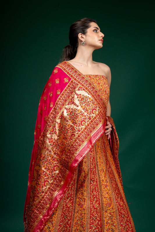 Mustard Banarasi Silk Lehenga Set And Silk Dupatta With Unstitched Blouse