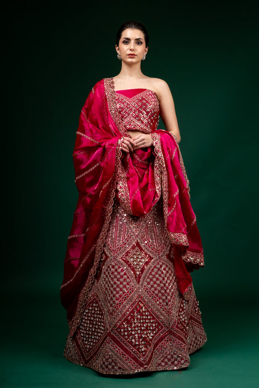 Maroon Zarkan, Zari Threadwork Embroidery & Sequence Organza Lehenga Set With Unstitched Choli Set