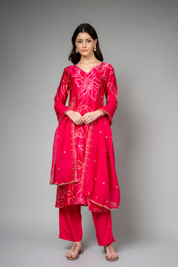 Rani Satin Readymade Suit And Pant With Organza Dupatta