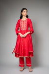 Red Cotton Readymade Suit And Pant With Organza Dupatta