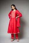 Red Cotton Readymade Suit And Pant With Organza Dupatta