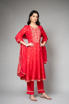 Red Cotton Readymade Suit And Pant With Organza Dupatta