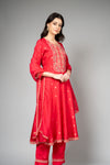 Red Cotton Readymade Suit And Pant With Organza Dupatta