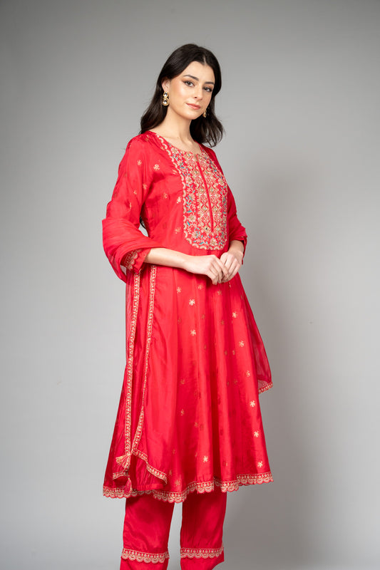 Red Cotton Readymade Suit And Pant With Organza Dupatta