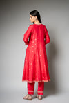 Red Cotton Readymade Suit And Pant With Organza Dupatta