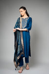 Midnight Blue Cotton Readymade Suit And Pant With Cotton Dupatta