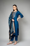 Midnight Blue Cotton Readymade Suit And Pant With Cotton Dupatta