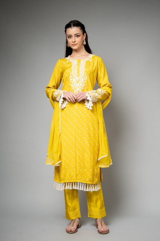 Mango Gold Cotton Readymade Suit And Pant With Net Dupatta