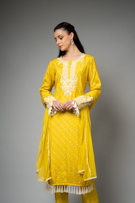 Mango Gold Cotton Readymade Suit And Pant With Net Dupatta