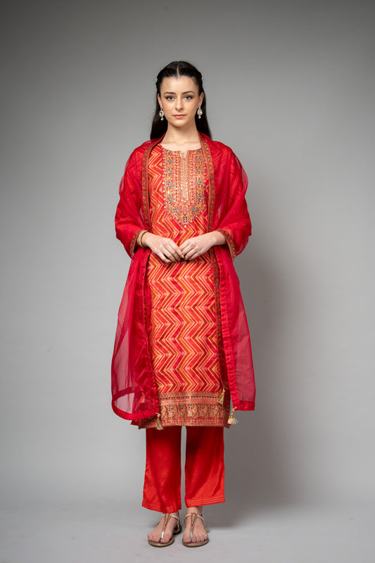 Orange Red Cotton Readymade Suit And Pant With Organza Dupatta