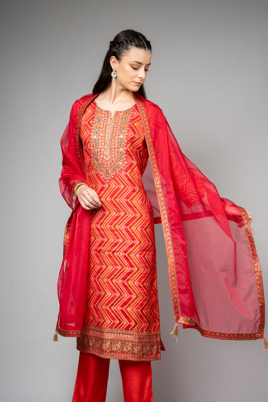 Orange Red Cotton Readymade Suit And Pant With Organza Dupatta