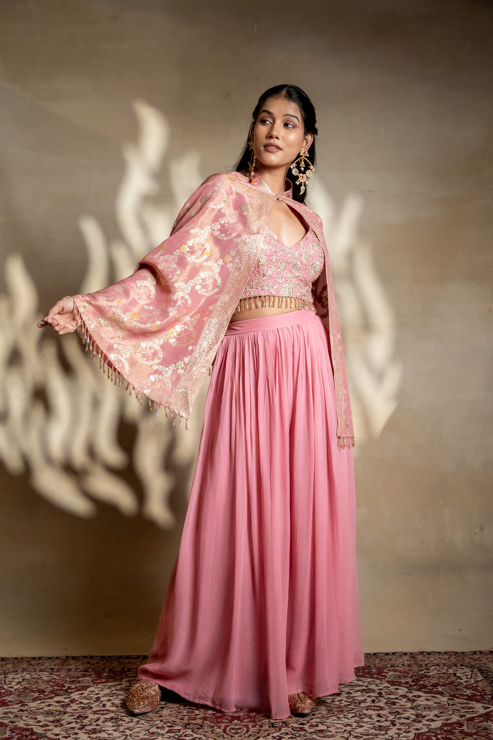 Gajari Georgette Short Top Sharara Set With Shrug