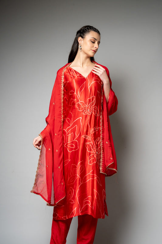 Red Satin Readymade Suit And Pant With Organza Dupatta