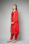 Red Satin Readymade Suit And Pant With Organza Dupatta