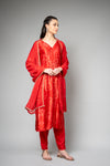 Red Satin Readymade Suit And Pant With Organza Dupatta