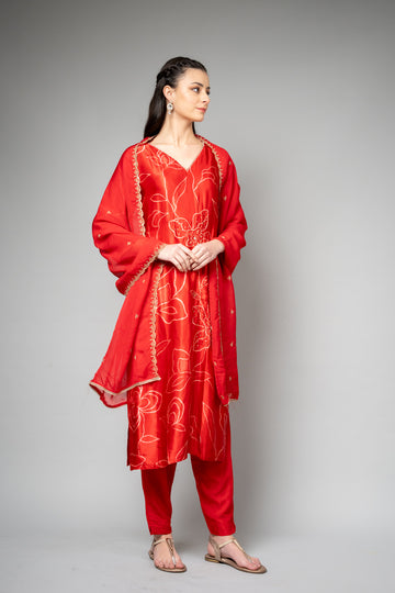 Red Satin Readymade Suit And Pant With Organza Dupatta