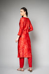 Red Satin Readymade Suit And Pant With Organza Dupatta