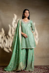 Mint Green Net Readymade Sharara Set With Organza Dupatta