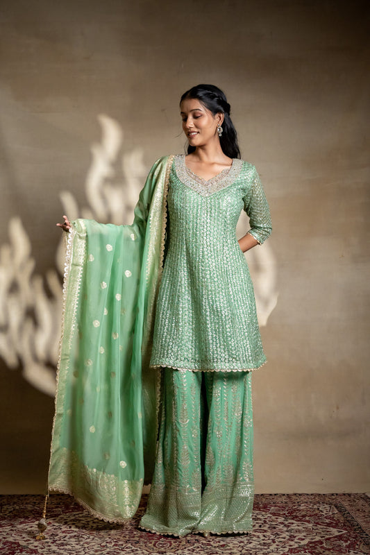 Mint Green Net Readymade Sharara Set With Organza Dupatta