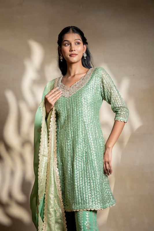 Mint Green Net Readymade Sharara Set With Organza Dupatta