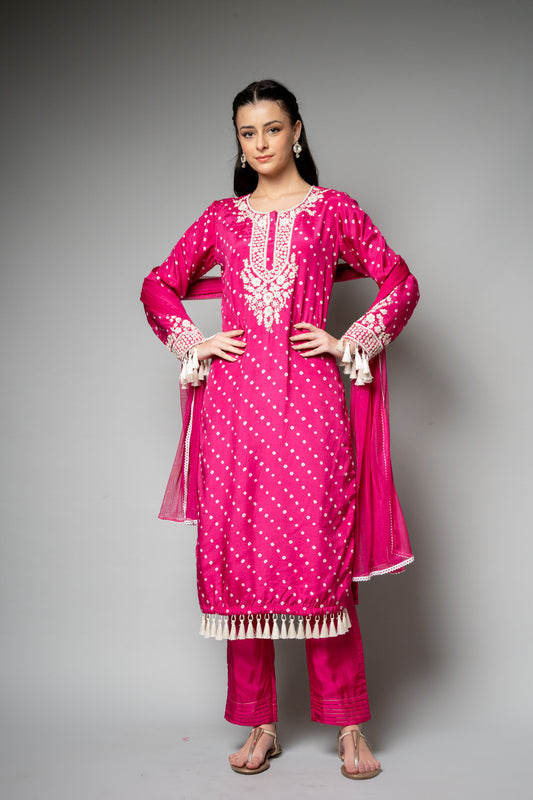 Rani Cotton Readymade Suit And Pant With Net Dupatta