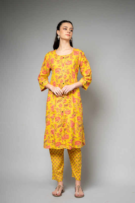 Mustard Floral Printed Cotton Readymade Suit With Pant