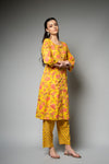 Mustard Floral Printed Cotton Readymade Suit With Pant