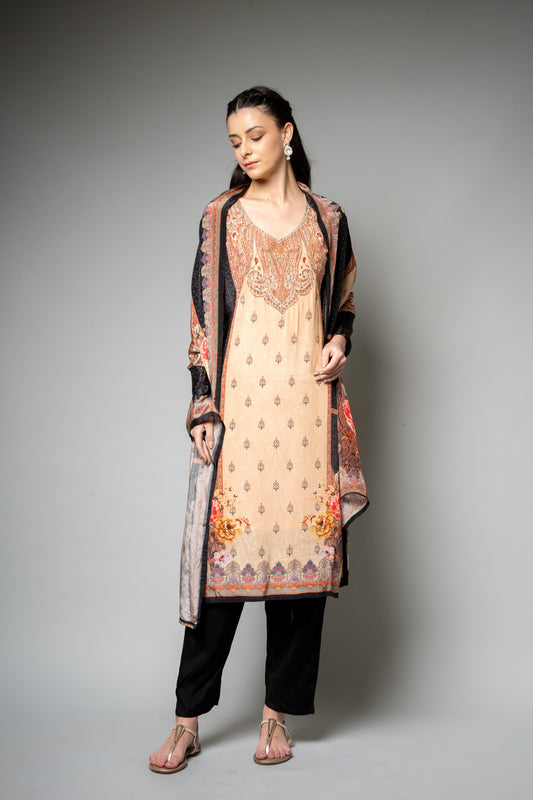 Black Crepe Readymade Suit And Pant With Crepe Dupatta