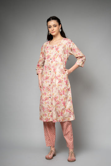 Tussar Floral Printed Cotton Readymade Suit With Pant