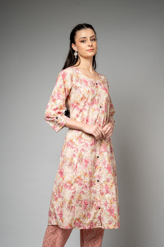 Tussar Floral Printed Cotton Readymade Suit With Pant